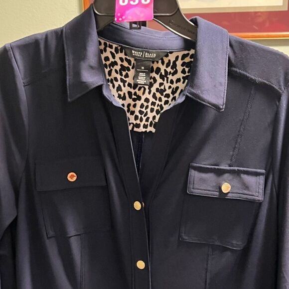 White House Black Market Navy Shirt Dress with Leopard Print Lining Size 10 #058 - Picture 2 of 8